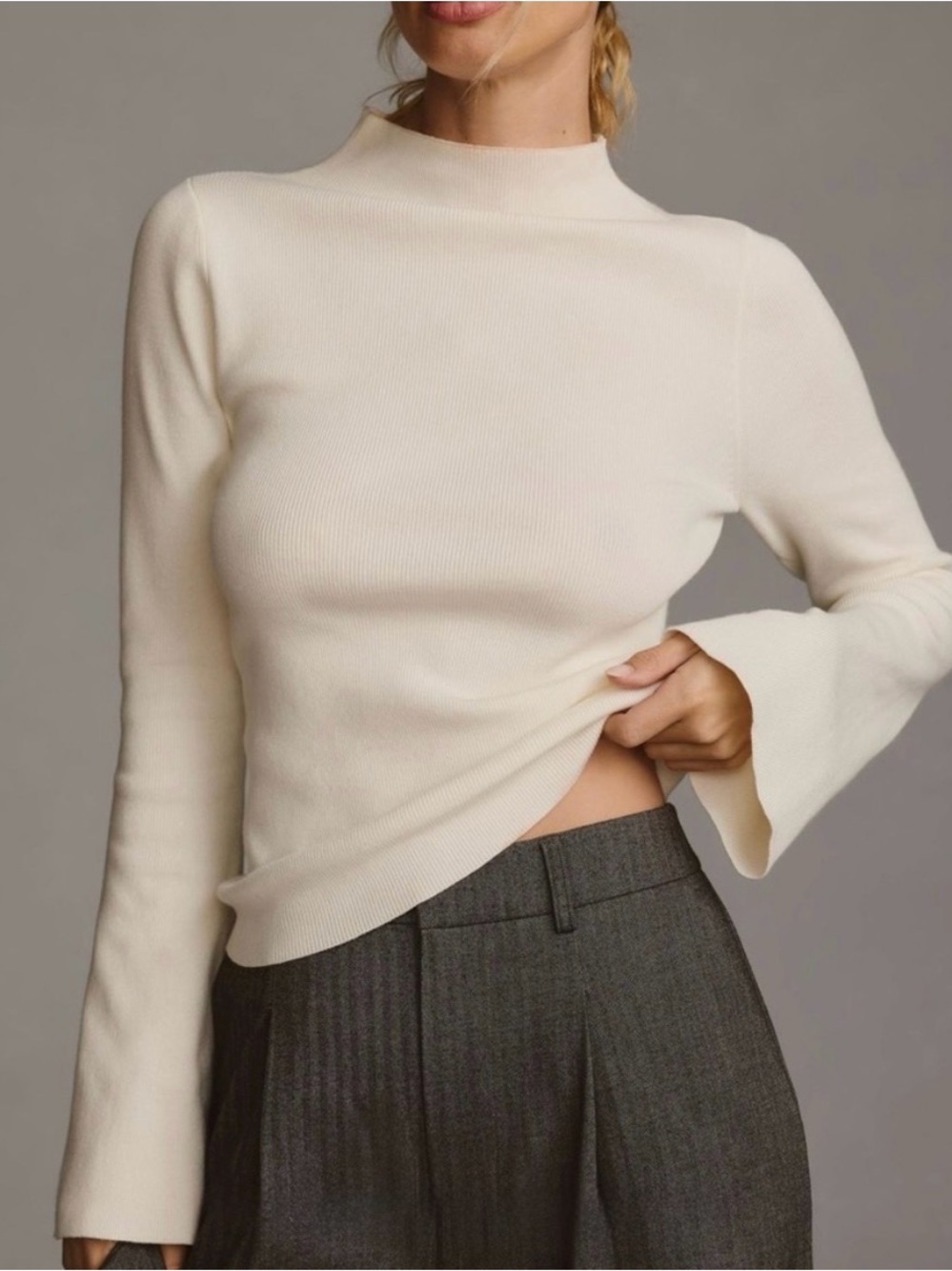 Anthropologie Maeve Arlowe Bell Sleeve Sweater‎ Mockneck Ivory Size XL.